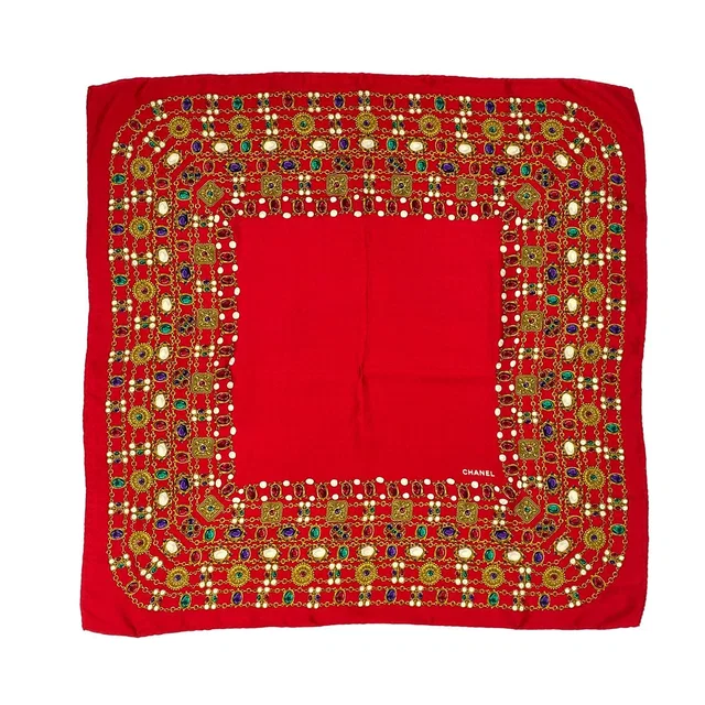 Chanel Vintage Gripoix Pattern Scarf Red Multicolor Silk in Red Silk from Luxury Promise