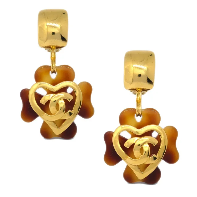 Chanel Clover Dangle Earrings Gold Clip-On 95P in Gold Resin from AMORE Vintage Tokyo