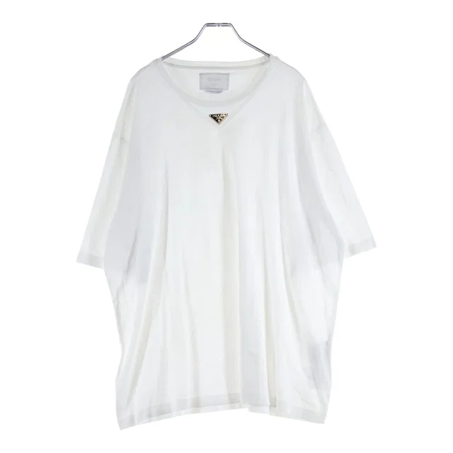 Prada Triangle Logo Crew Neck Short Sleeve Top T-Shirt White in White from The Reluxe