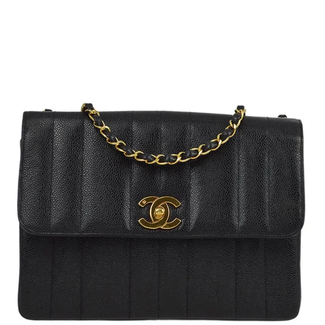 Chanel 1994-1996 Black Caviar Mademoiselle Straight Flap Shoulder Bag in Black Caviar leather from AMORE Vintage Tokyo