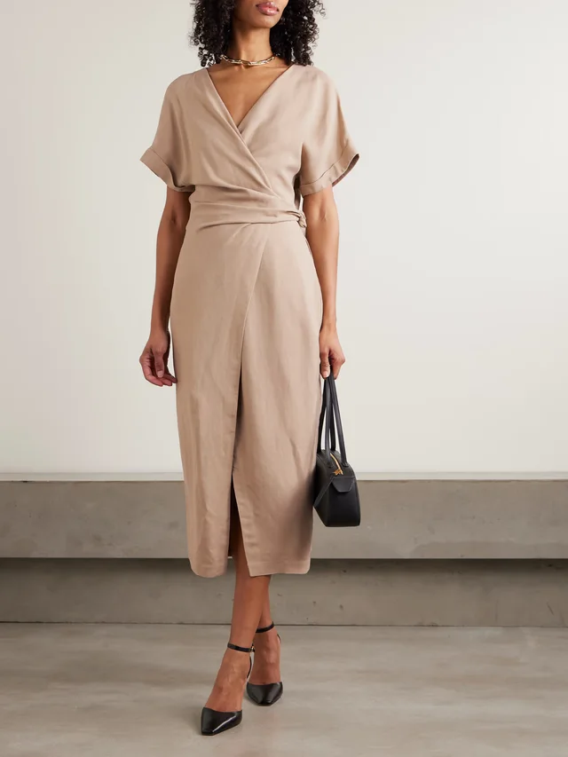 BRUNELLO CUCINELLI Bead-embellished woven midi wrap dress in Beige, photo 2 of 2 from NET-A-PORTER (Canada)