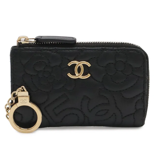 Chanel Camellia CC Logo Coin Purse L-shaped Zipper Lambskin Leather Black Gold in Black Lambskin from The Reluxe