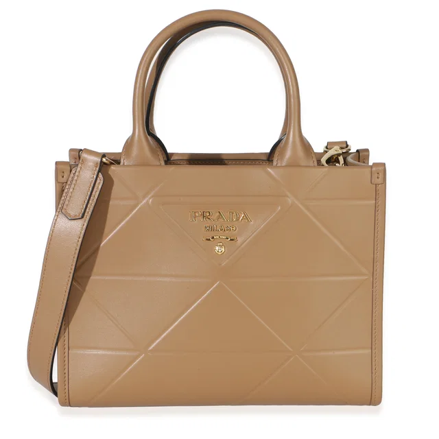 Prada Dark Beige Soft Calfskin Triangolo Symbole Mini Tote Brown Leather Handbag in Brown Calfskin from HEWI