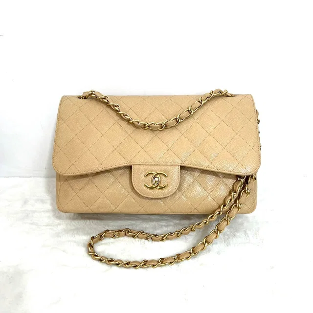 Chanel Beige caviar quilted double flap chain jumbo bag in GHW in Beige Caviar leather from Luxury Promise