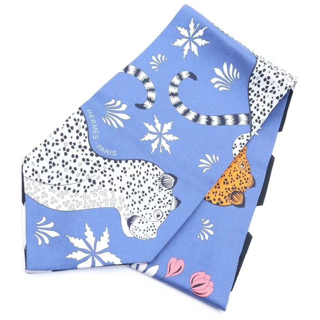 Hermès les Leopards Maxi Twilly Twill Up Scarf Blue in Blue Silk from The Reluxe