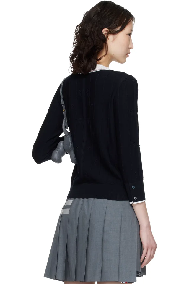 Thom Browne Navy Merino Wool Bobble Stitch Lace Trim Cardigan, photo 3 of 4 from SSENSE