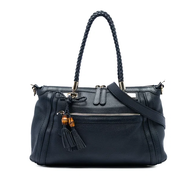 Black Gucci Pebbled Calfskin Bella Satchel in Black Calfskin from Designer Revival