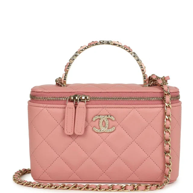 Chanel Flower Top Handle Long Vanity Case in Pink Lambskin from Madison Avenue Couture