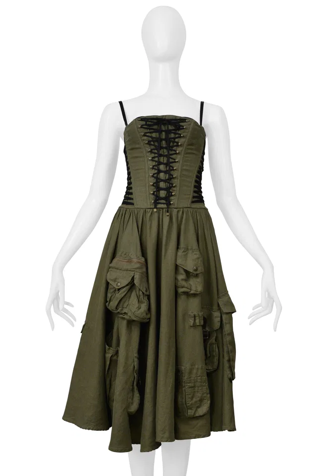 Dolce & Gabbana Army Green Linen Cargo Corset Dress 2002 in Green from Resurrection Vintage