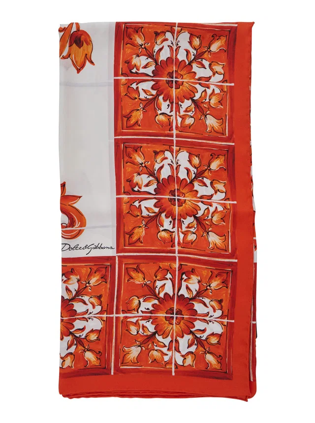 Dolce & Gabbana Majolica-Print Silk Scarf — Orange Scarfs in Orange Silk from HEWI