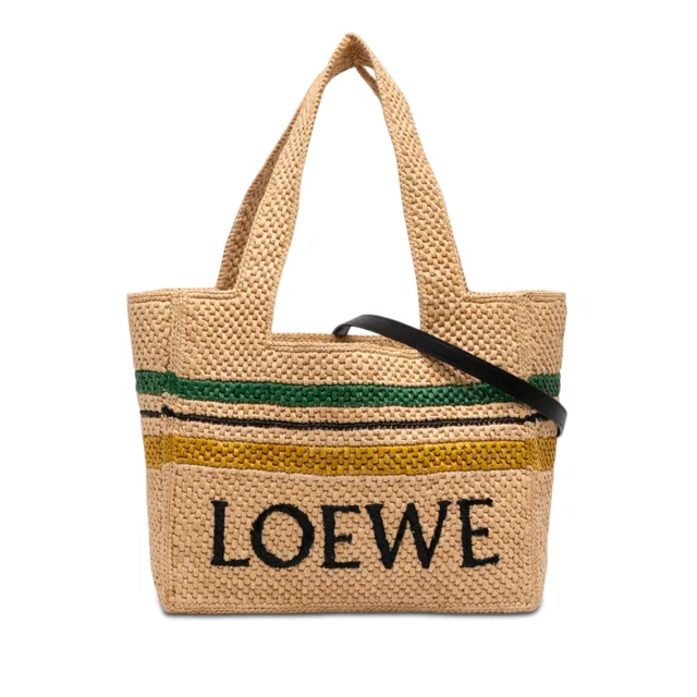 Beige LOEWE Paulas Ibiza Medium Raffia Striped Font Tote Satchel in Beige Raffia from Designer Revival, photo 1 of 1