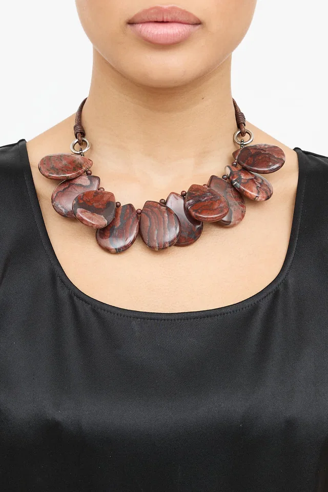 Brunello Cucinelli Jasper Gemstone Necklace in Leather from VSP Consignment