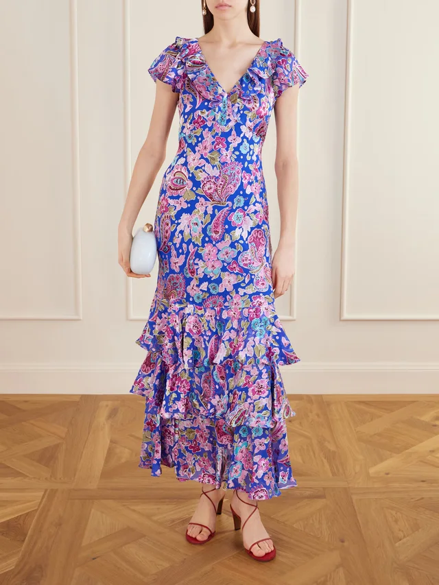 RIXO Amelle tiered floral-print devoré maxi dress in Blue, photo 2 of 2 from NET-A-PORTER (Canada)