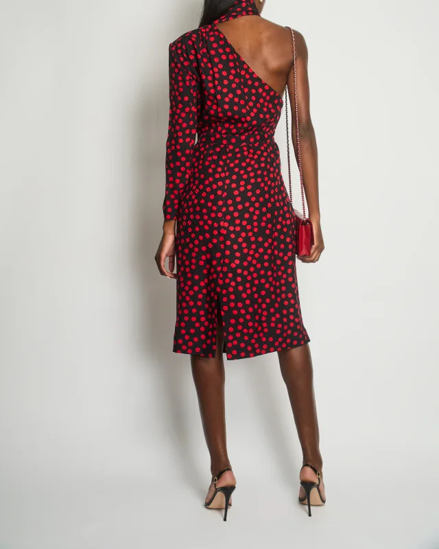 Saint Laurent Black, Red Polkadot Silk Off-Shoulder Midi Dress With Scarf Size FR 40 (UK 12) in Black Silk from Sellier, photo 2 of 5