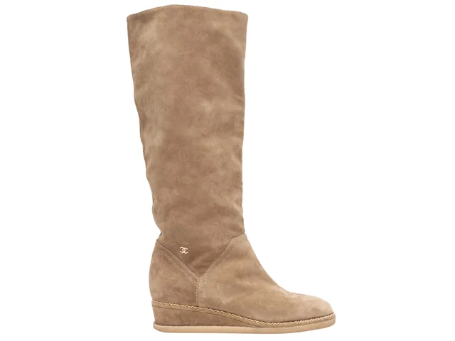 Tan Chanel Suede Knee-High Wedge Boots Size 38.5 in Brown Suede from Designer Revival