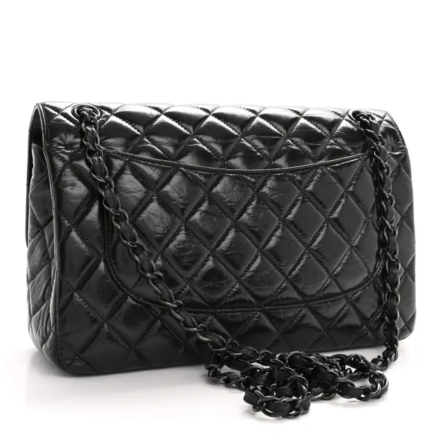 Chanel Shiny Crumpled Calfskin Quilted Jumbo Double Flap So Black in Black Calfskin from FASHIONPHILE, photo 3 of 14