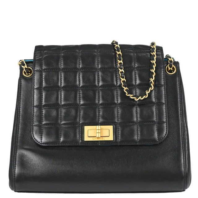 Chanel 2000-2002 Black Lambskin Choco Bar Mademoiselle Lock Accordion Flap Bag in Black Lambskin from AMORE Vintage Tokyo