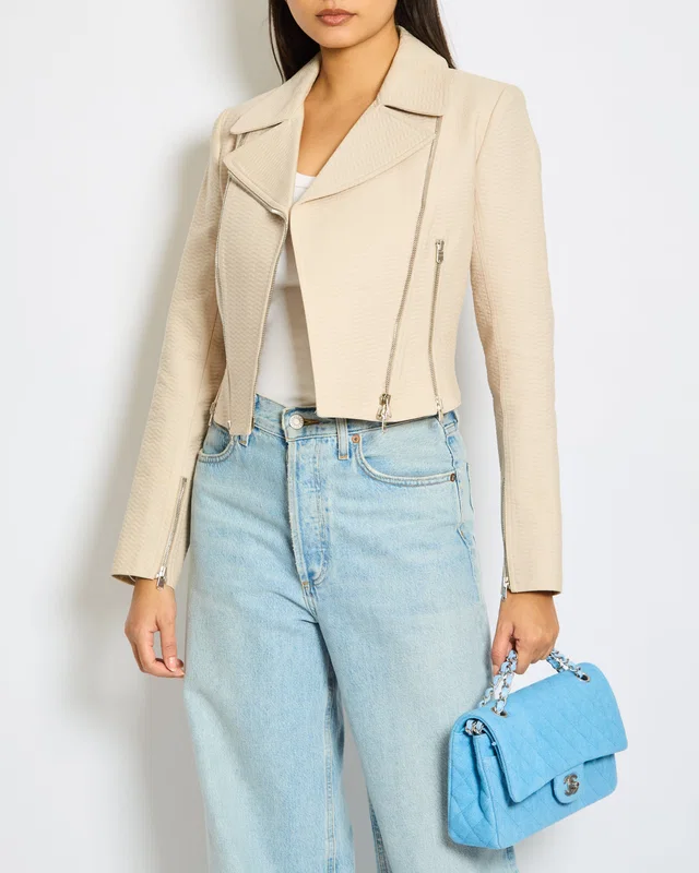 Alaïa Beige Zipped Jacquard Biker Jacket Size FR 38 (UK 10) in Beige Nylon from Sellier