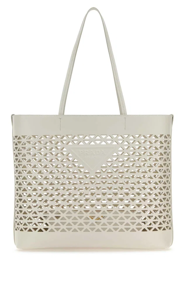 Prada Perforated Leather Tote Bag — White Exterior in White Leather from HEWI