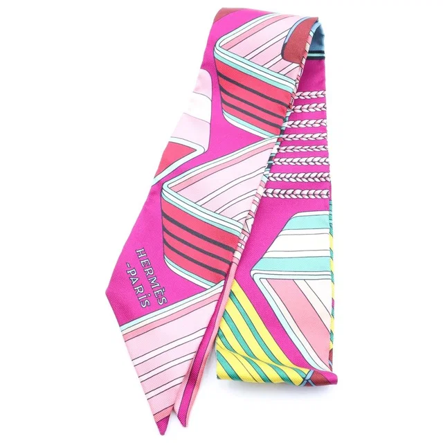 Hermès Twilly Zigzag Sangles Silk Scarf Multicolor Fuchsia Vert Jaune in Green Silk from The Reluxe