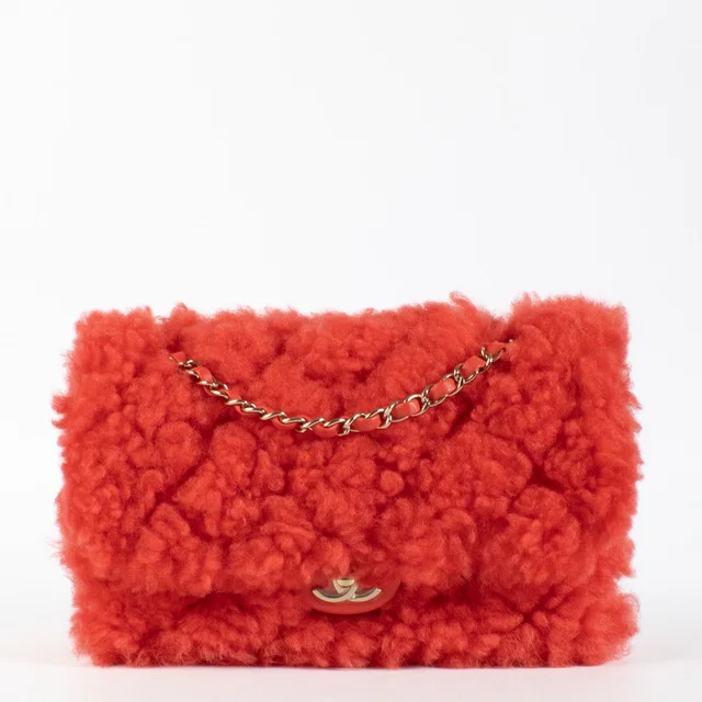 Chanel 19K Red Shearling Medium Flap Bag in Red from Labellov