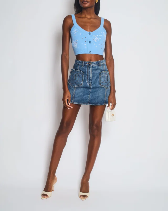 Chanel Blue Denim Mini Skirt with CC Logo Pocket Details Size FR 36 (UK 8) in Blue Denim from Sellier