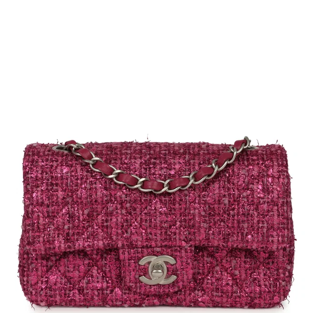Chanel Mini Rectangular Flap Bag Dark Pink Metallic Tweed Bouclé Brushed Silver Hardware in Pink Tweed from Madison Avenue Couture