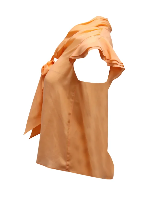 Alice & Olivia Jeannie Neck Tie Blouse in Orange Silk in Orange, photo 2 of 4 from ShopSimon