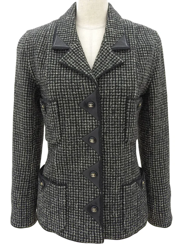 Chanel Tweed Leather Combination CC Mark Button Jacket #38 Black/Gray in Black Tweed from VINTAGE QOO TOKYO