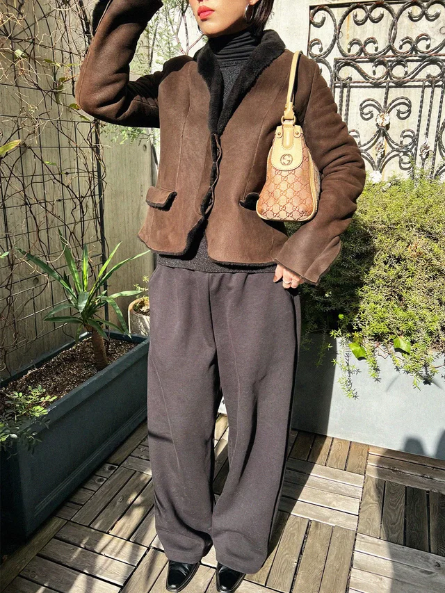 Gucci Mouton Logo Button Jacket #40 Dark Brown in Brown Lambskin from VINTAGE QOO TOKYO