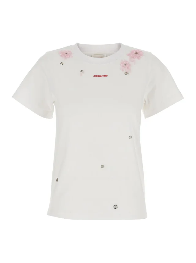 SHUSHU/TONG white T-shirt with floral embroidery in cotton for women in White 100% Cotton, photo 2 of 6 from Gaudenzi Boutique