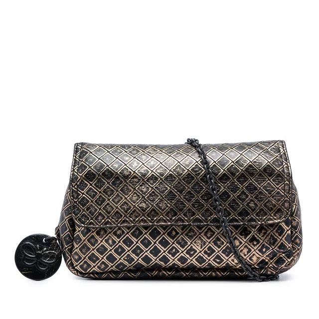 Gold Bottega Veneta Metallic Calfskin Intrecciomirage Chain Flap Crossbody in Gold Calfskin from Designer Revival