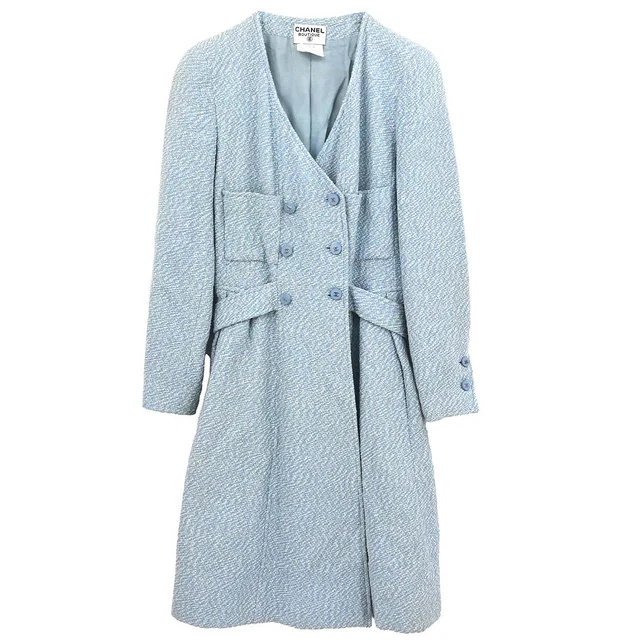 Chanel 1996 Tweed Coat Light Blue #42 in Blue Tweed from AMORE Vintage Tokyo
