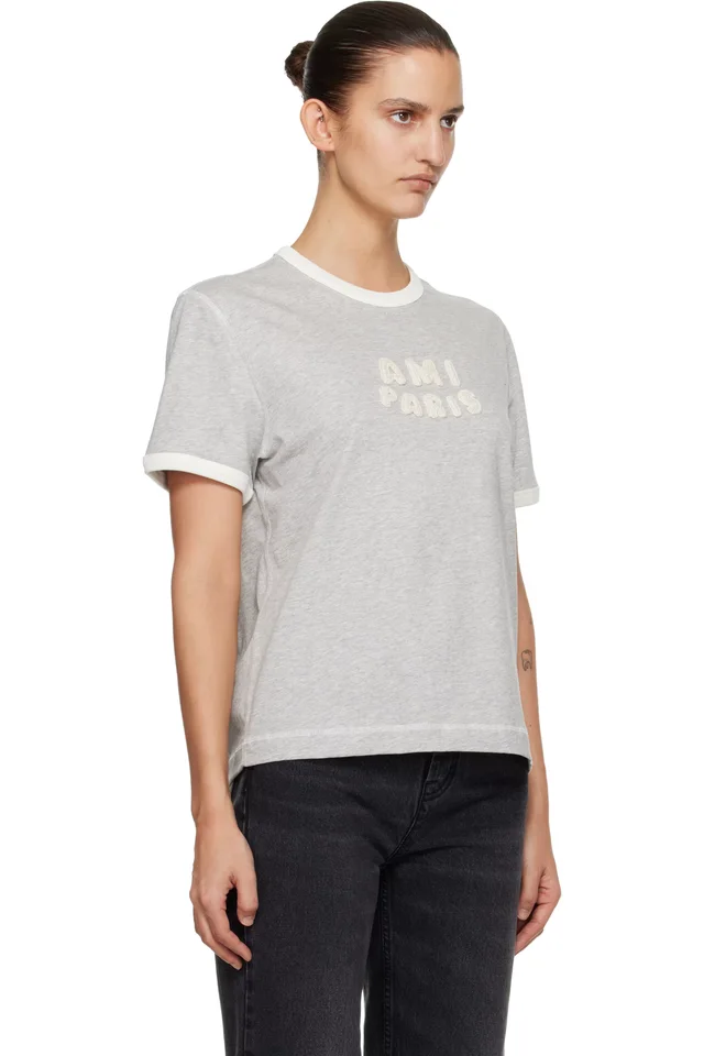 Gray Cotton 'Ami Paris' Knitted Patch T-shirt, photo 2 of 4 from SSENSE