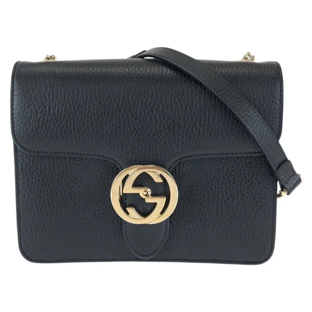 Gucci Interlocking G Black Gold Leather Chain Shoulder Bag in Black Leather from The Reluxe
