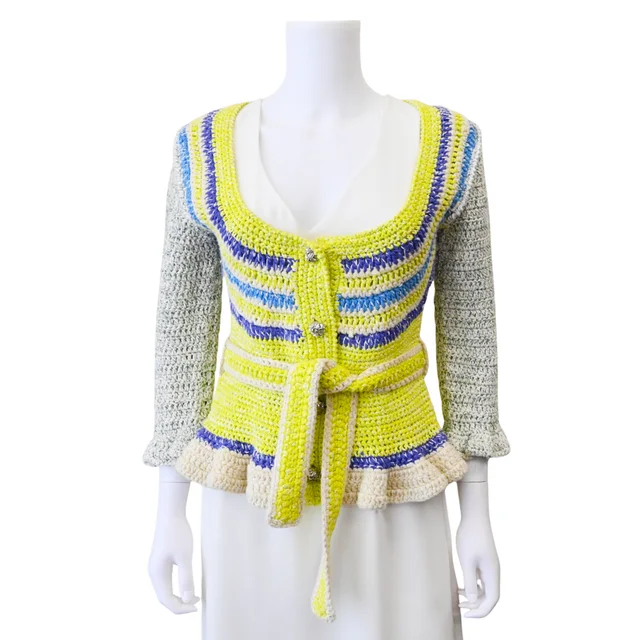 GANNI Multicolor Crochet Belted Cardigan in Multicolor Wool from Clotheshorse Anonymous
