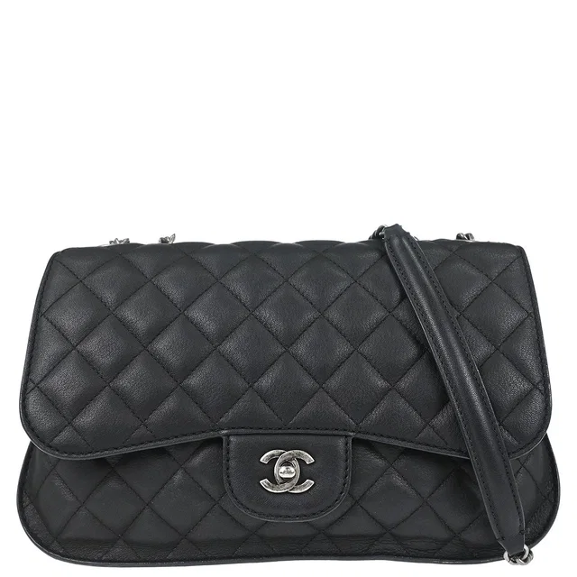 Chanel 2017 Black Calfskin Jumbo Double Flap Shoulder Bag in Black Calfskin from AMORE Vintage Tokyo