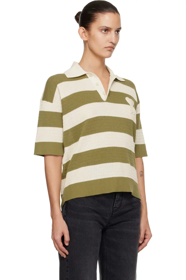 AMI Paris Off-White & Green Short Sleeves 'Ami de Coeur' Polo, photo 2 of 2 from SSENSE