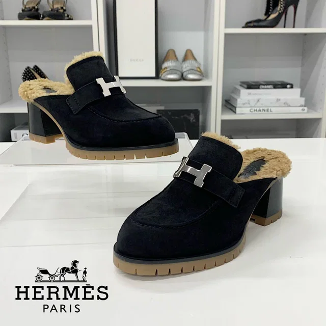 Hermès Flor 60 H Suede Shearling Constance Mules in Suede from The Reluxe