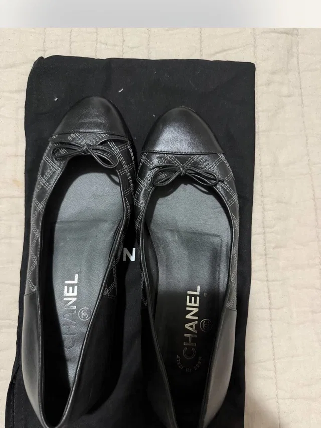 Chanel Quilted Leather Cap-Toe Ballet Flats With Bow in black Leather from Poshmark