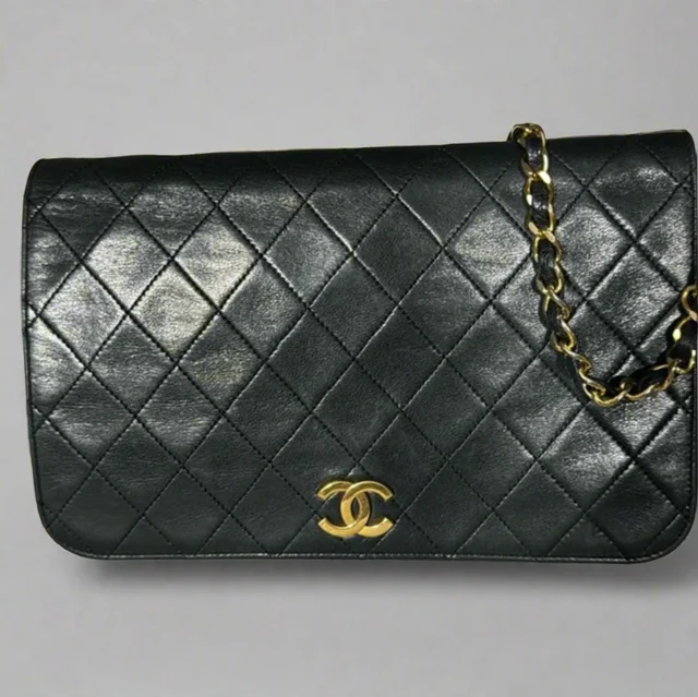 Chanel Black Lambskin Vintage Matelasse Full Flap, Medium in Black Lambskin from SparklesnDreams
