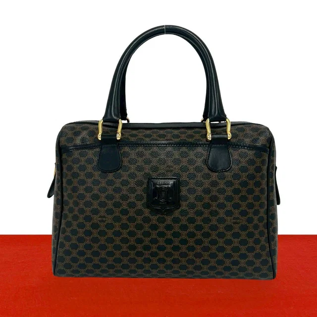 Celine Vintage Macadam Blason Pattern Leather Boston Bag Brown Black in Black Leather from The Reluxe