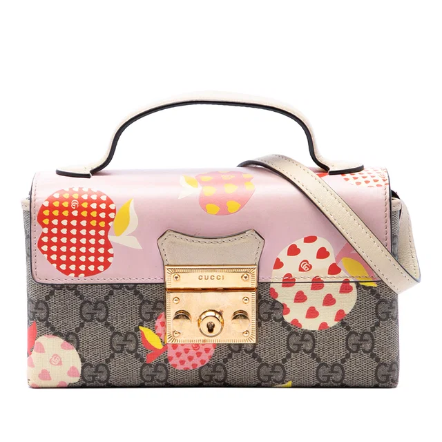 Beige Gucci Mini GG Supreme Monogram Les Pommes Padlock Satchel in Beige Coated canvas from Designer Revival