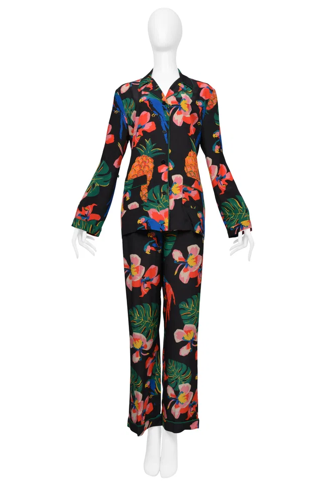 Valentino Garavani Black With Tropical Print Silk Pajama Shirt And Pants Ensemble in Black Silk from Resurrection Vintage