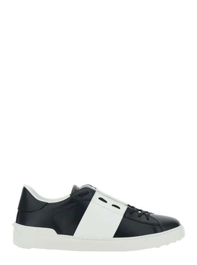 'Open' White and Black Low Top Sneaker with Logo Patch on the Tongue in Leather Man in Black, image 1 of 1 from Gaudenzi Boutique