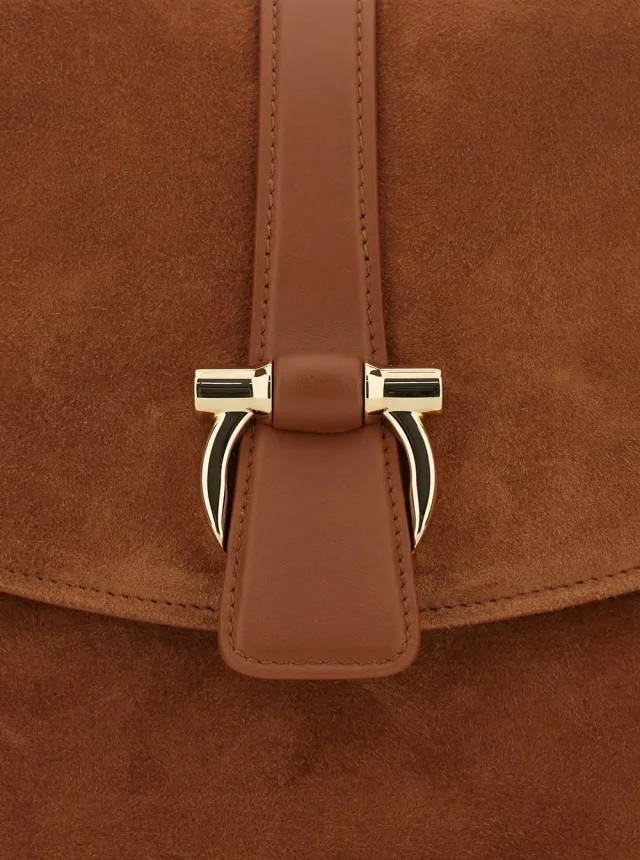 FERRAGAMO Brown Crossbody bag with Adjustable and Removable Strap and Closure with Gancini Plaque in Suede for Women in Brown 92% Goat 8% Calf, photo 9 of 12 from Gaudenzi Boutique