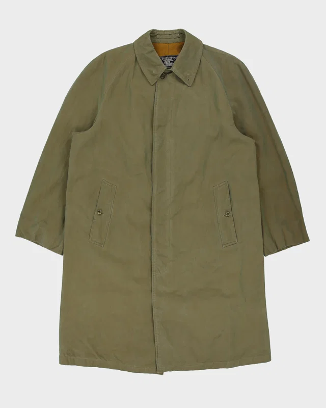 Vintage 1980s Burberry Iridescent Khaki Canvas Plaid Lined Made In England Commander II Mac - L in Green Canvas from Rokit Vintage