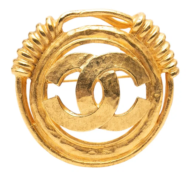 Gold Chanel Gold Plated CC Spring Round Brooch in Gold from Designer Revival