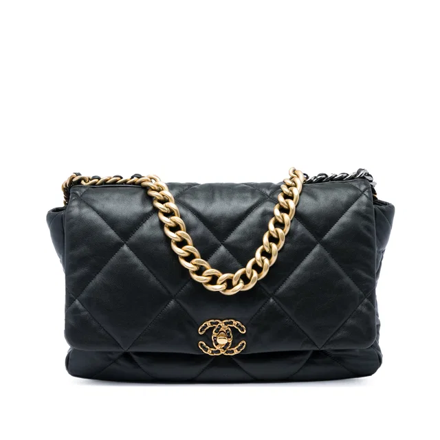 Black Chanel Maxi Lambskin 19 Flap Satchel in Black Lambskin from Designer Revival
