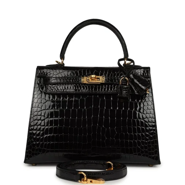 Hermès Kelly Sellier 25 Black Shiny Porosus Crocodile Gold Hardware in Black Crocodile from Madison Avenue Couture